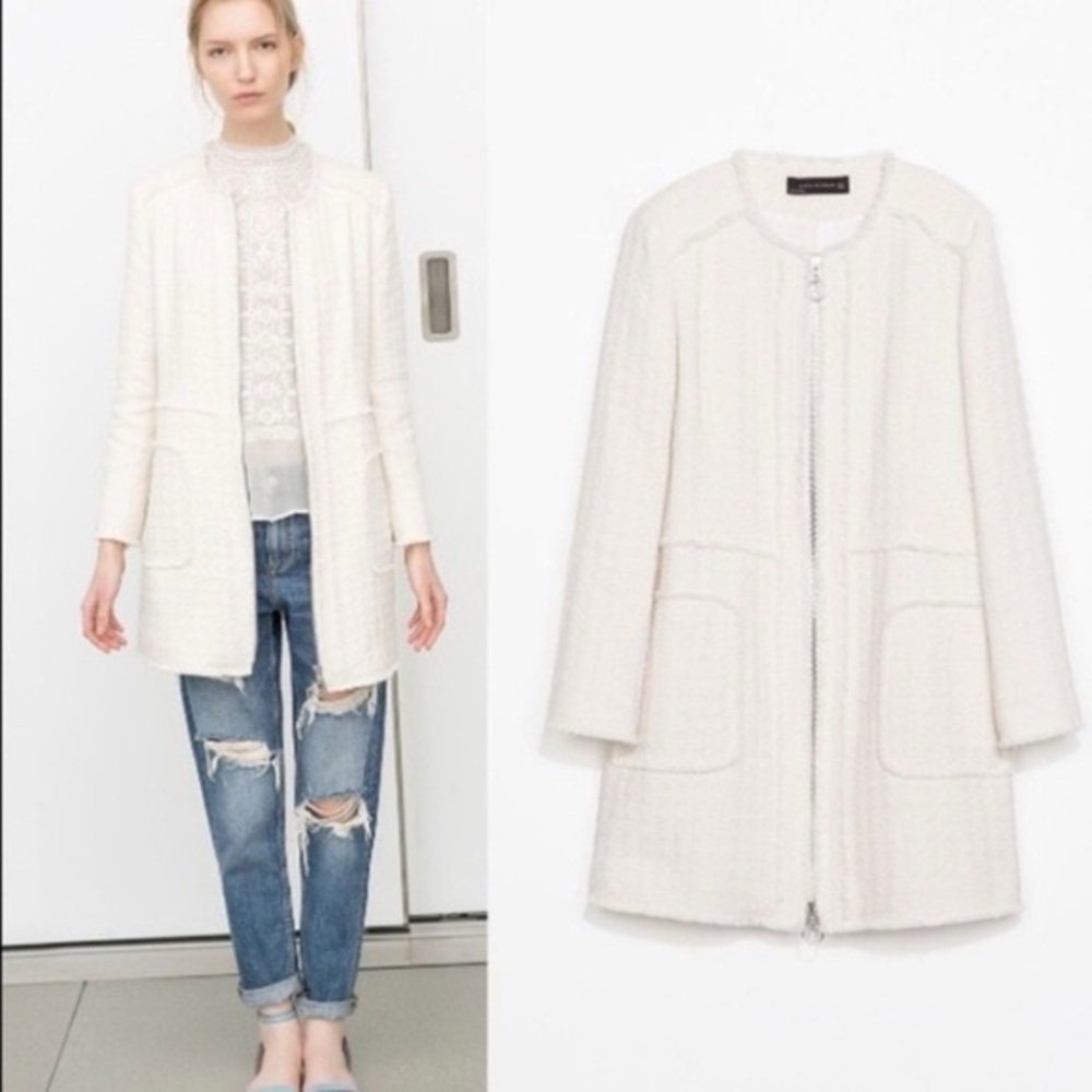 Zara Woman Elegant Tweed Frayed Frock Cream Coat Size Small